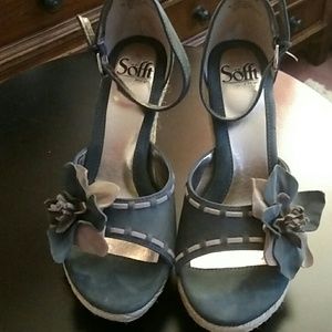 Blue and tan heeled wedge